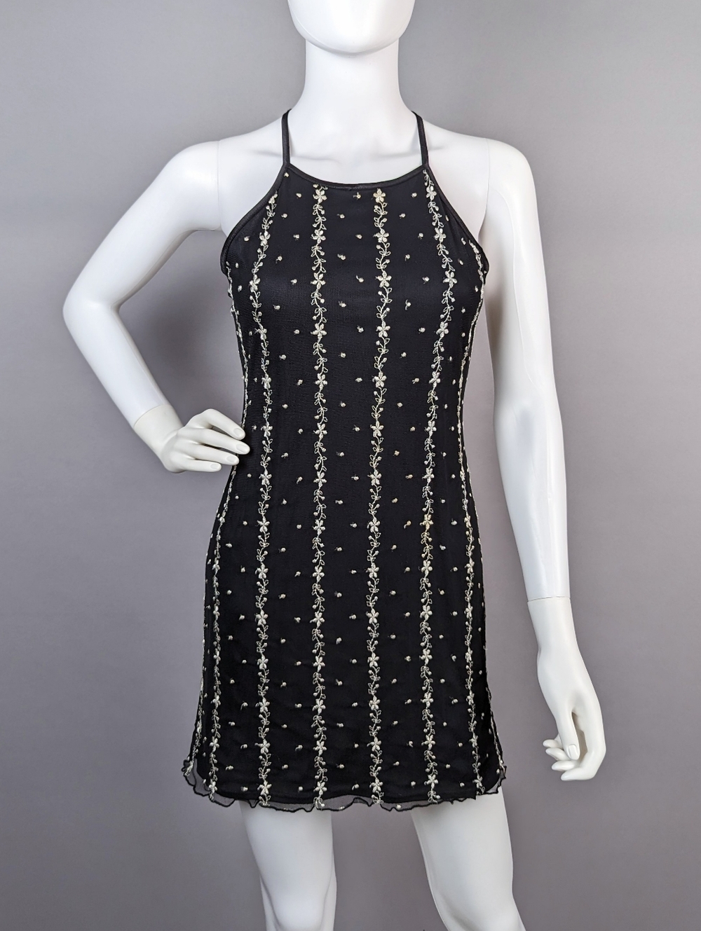 Vintage 90s Y2K JALATE Slip Dress Bodycon Mini Black Embroidered Whimsigoth Sz S